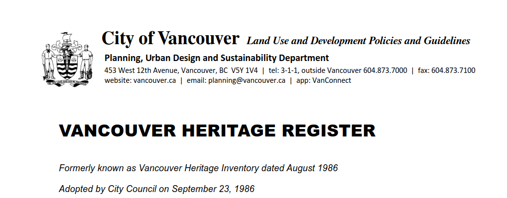 2. Vancouver Heritage Register